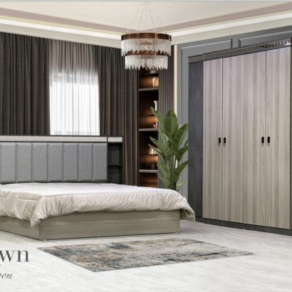 غرفة نوم بتصميم حديث مع أثاث عصري وألوان متناسقة، مثالية للمساحات العصرية.